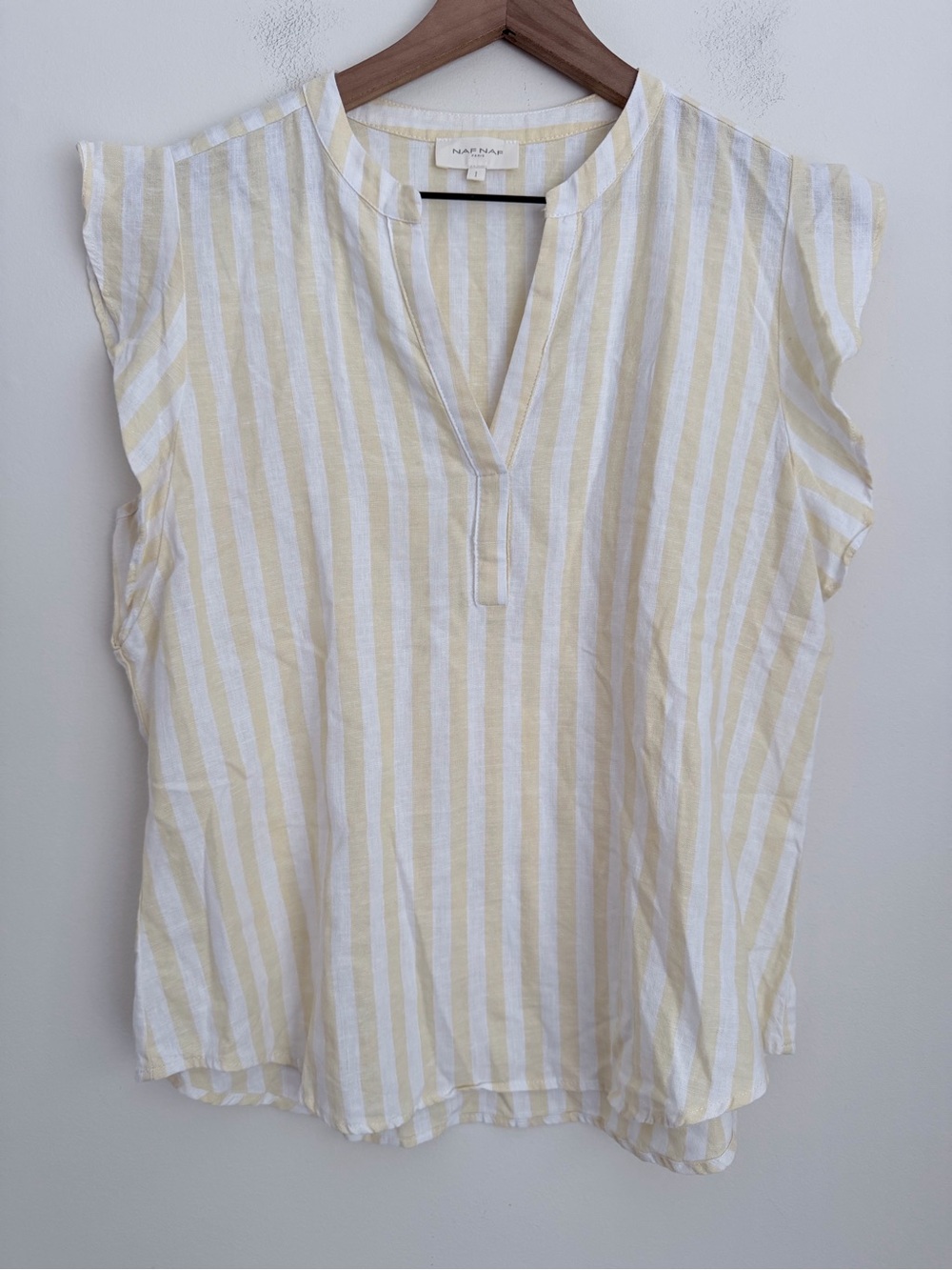 Naf Naf Paris yellow striped blouse top flutter sleeve lightweight